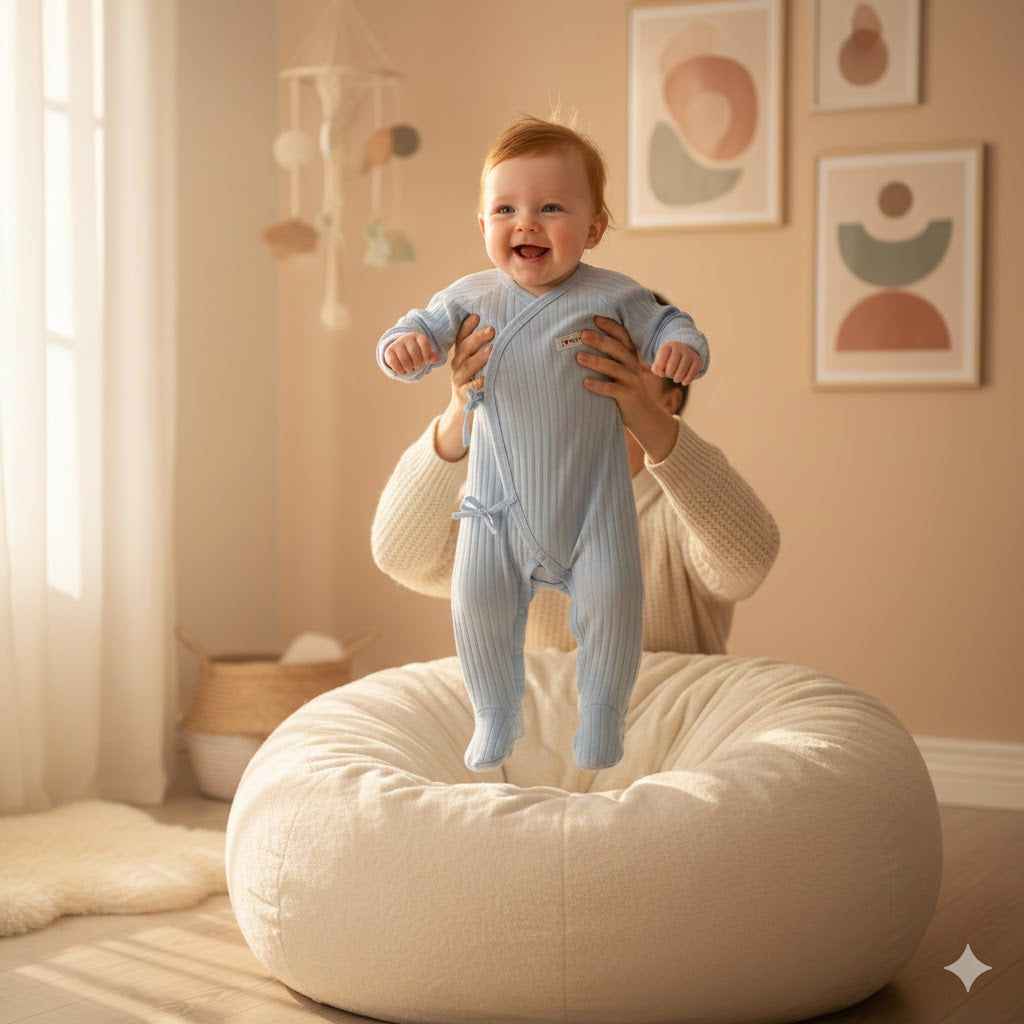 100% Cotton Footed Onesie with Mittens - Blue