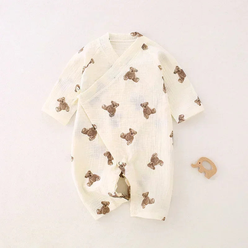 100% Cotton Muslin Long Sleeve Romper - Brown Bear - Organic Cotton Clubs