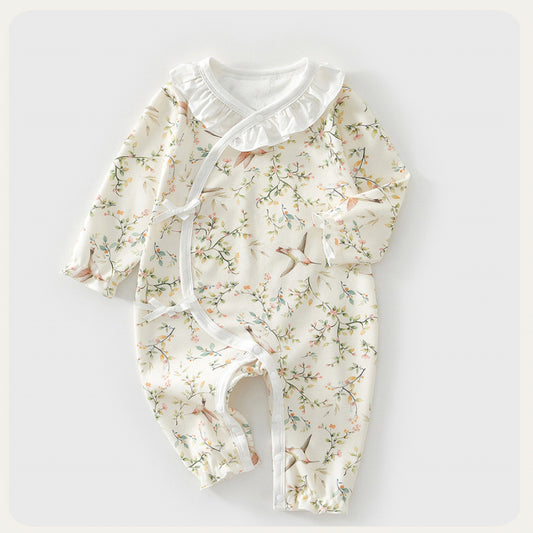 100% Cotton Long Sleeve Kimono Romper - Yellow Spring Leaves