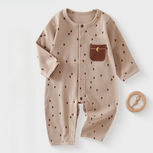 Cotton Snap-Up Long Sleeve Romper - Brown Moon