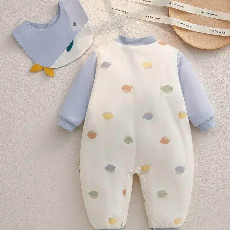 100% Cotton Extra Warm Long Sleeve Quilted Romper with Bib- Pink Whale - Organic Cotton Clubs