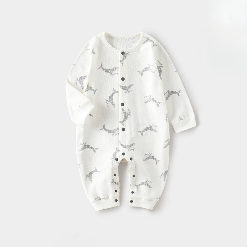 Cotton Snap-Up Long Sleeve Romper - White Dolphin