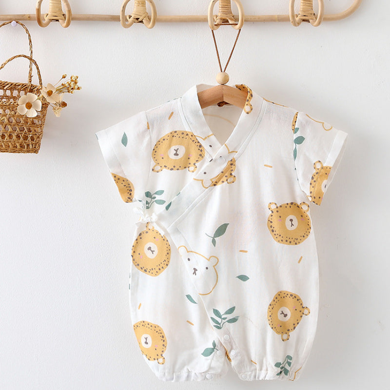 Cotton & Bamboo Muslin Short Sleeve Romper - Flower with Bunny