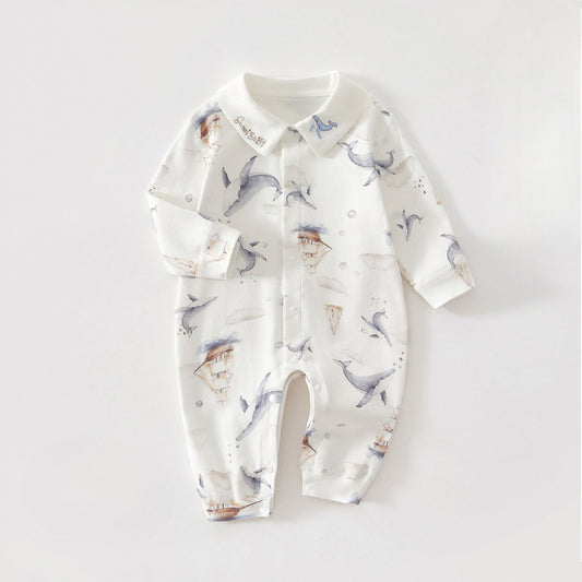 100% Cotton Long Sleeve Snap-Up Romper - Cute Whale