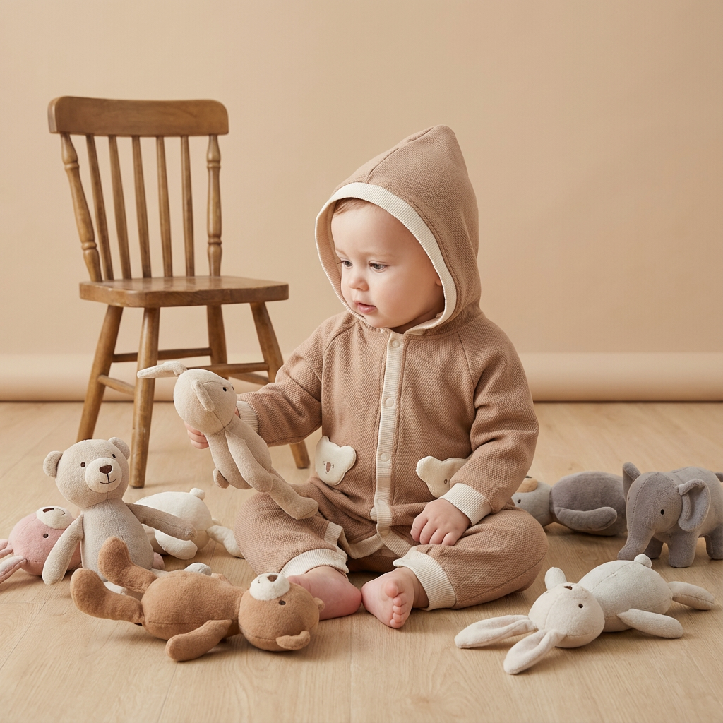 Cotton Quilted Hoodie Snap-Up Romper - Brown Koala