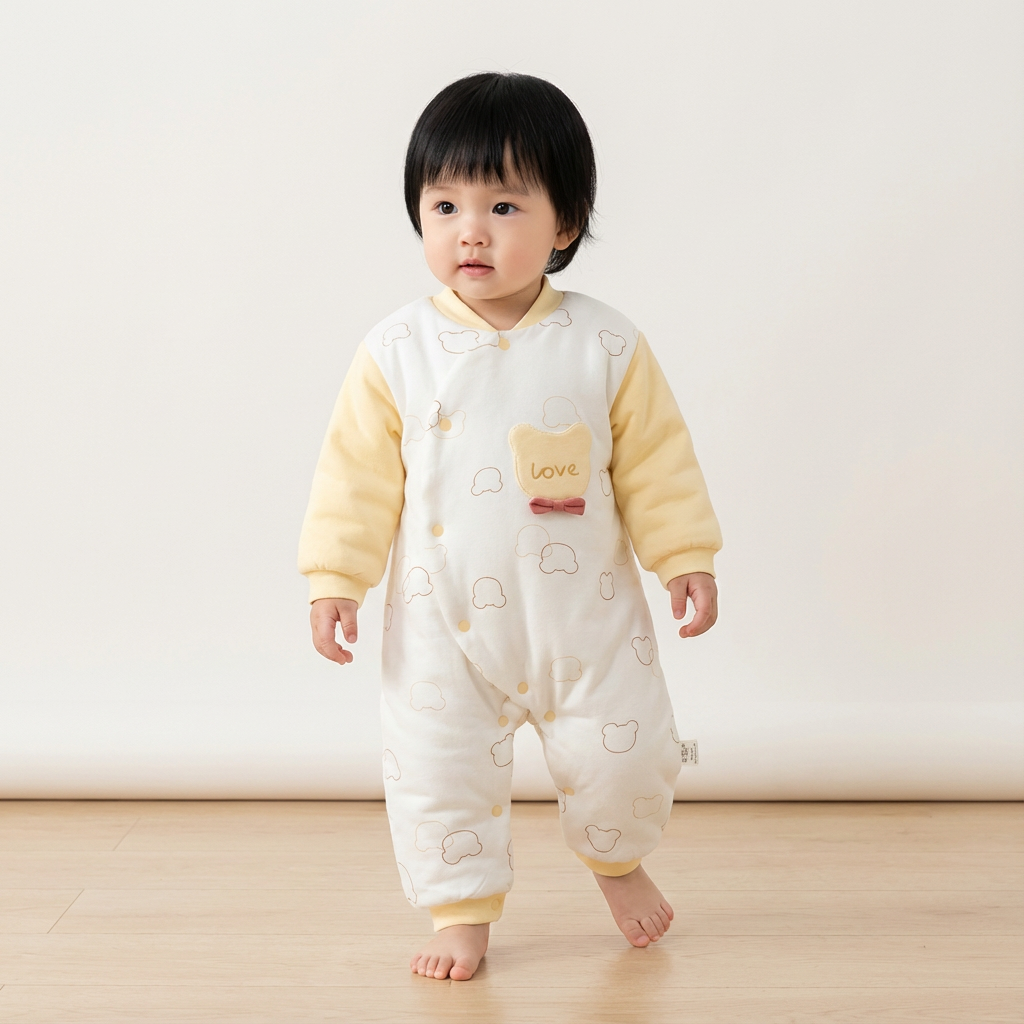 100% Cotton Long Sleeve Snap-Up Quilted Romper - Yellow Bunny