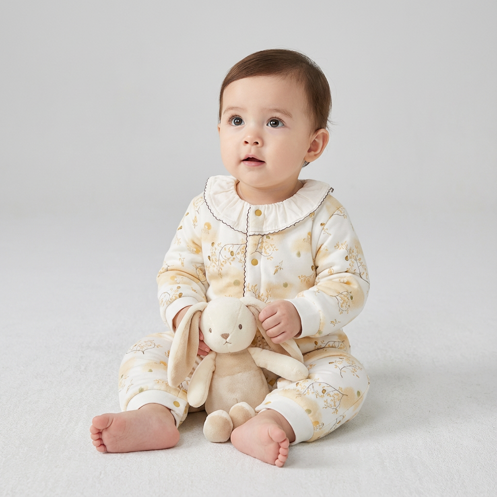 100% Cotton Long Sleeve Snap-Up Quilted Romper - Bunny & Flowers