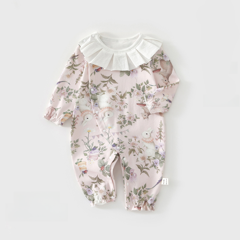 100% Cotton Long Sleeve Snap-Up Romper - Pink Bunny Garden - Organic Cotton Clubs