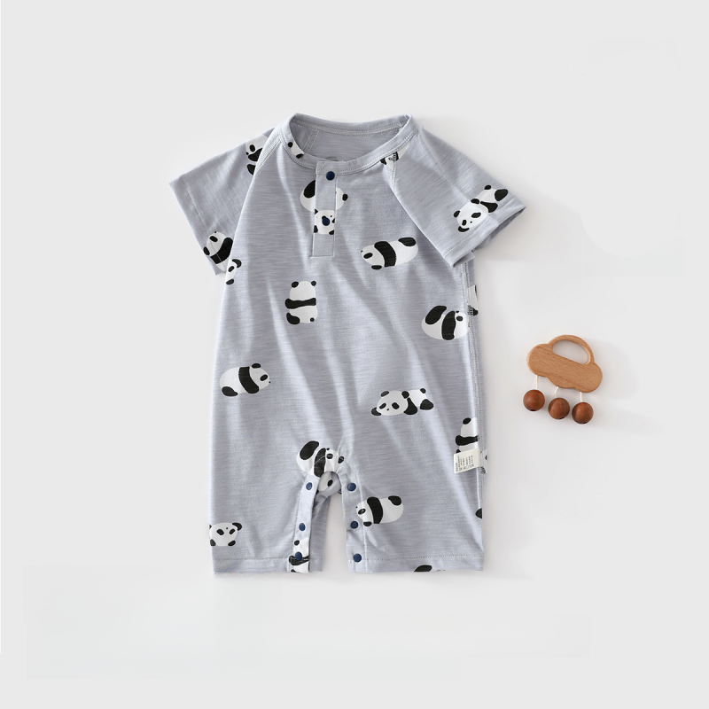 Cotton & Bamboo Muslin Short Sleeve Snap-Up Romper - Blue Panda - Organic Cotton Clubs