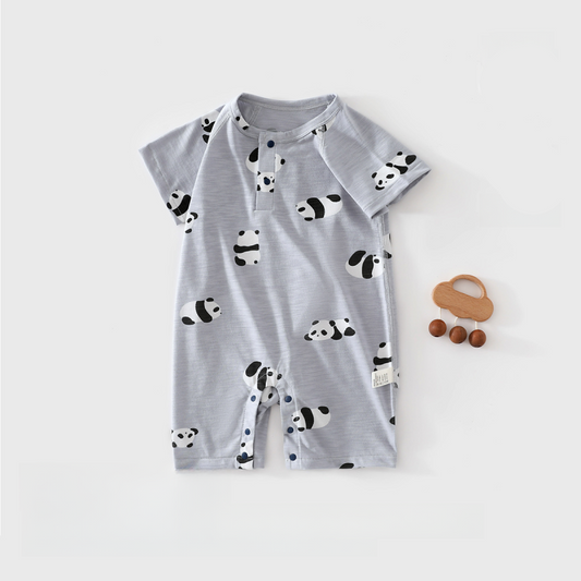 Cotton & Bamboo Muslin Short Sleeve Snap-Up Romper - Blue Panda - Organic Cotton Clubs