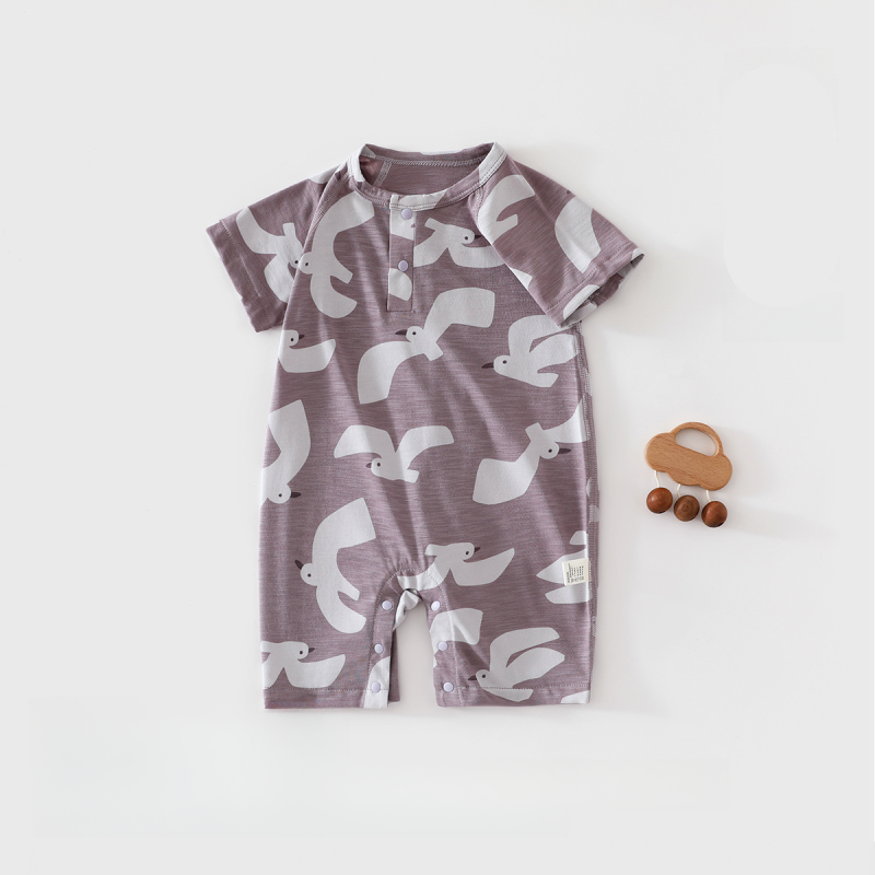 Cotton & Bamboo Muslin Short Sleeve Snap-Up Romper - Cute Seagull - Organic Cotton Clubs