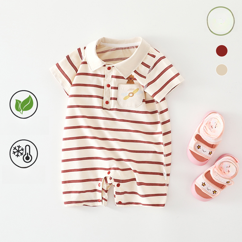 100% Cotton Short Sleeve Mesh Romper - Red Stripe & Bear - Organic Cotton Clubs