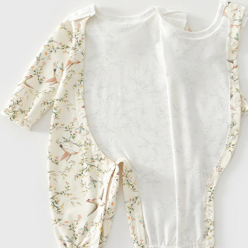 100% Cotton Long Sleeve Snap-Up Romper - Yellow Spring Leaves - Organic Cotton Clubs