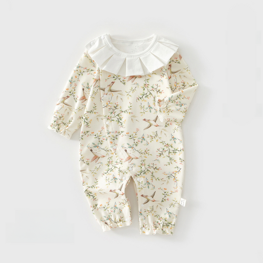 100% Cotton Long Sleeve Snap-Up Romper - Yellow Spring Leaves - Organic Cotton Clubs