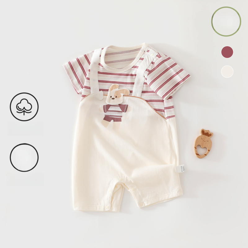 100% Cotton Short Sleeve Mesh Romper - Red Stripe & Doggy - Organic Cotton Clubs