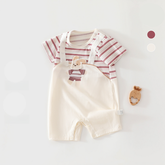 100% Cotton Short Sleeve Mesh Romper - Red Stripe & Doggy - Organic Cotton Clubs