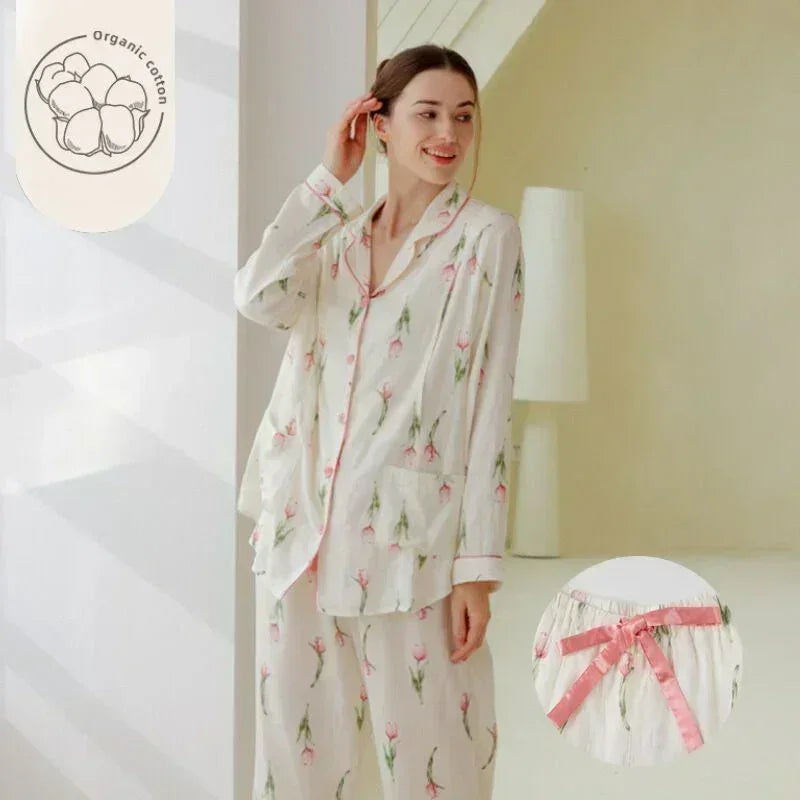 Organic Cotton Muslin Long Sleeve Button-Up Pajama - Cherry - Organic Cotton Clubs