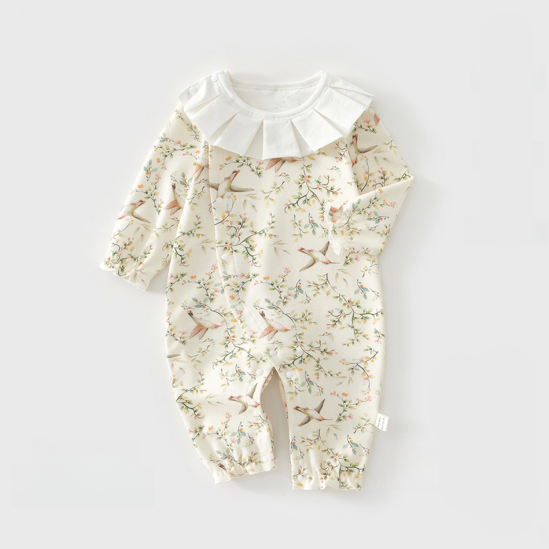 100% Cotton Long Sleeve Snap-Up Romper - Yellow Spring Leaves - Organic Cotton Clubs