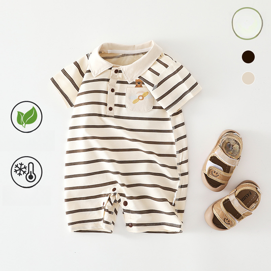 100% Cotton Short Sleeve Mesh Romper - Brown Stripe & Bear - Organic Cotton Clubs