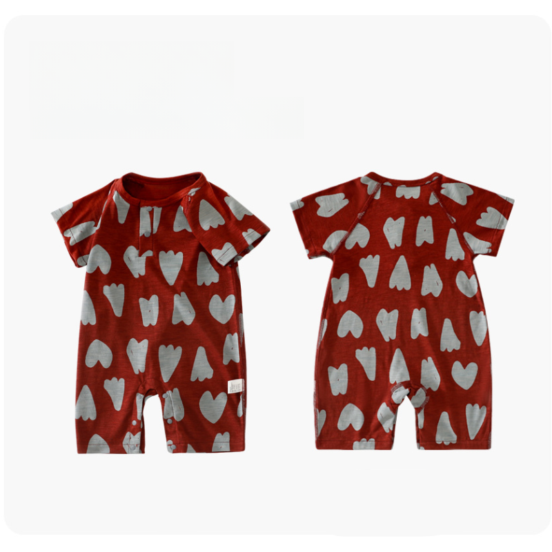 Cotton & Bamboo Muslin Short Sleeve Snap-Up Romper - Red Heary - Organic Cotton Clubs