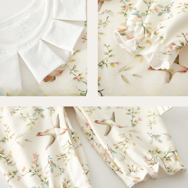 100% Cotton Long Sleeve Snap-Up Romper - Yellow Spring Leaves - Organic Cotton Clubs